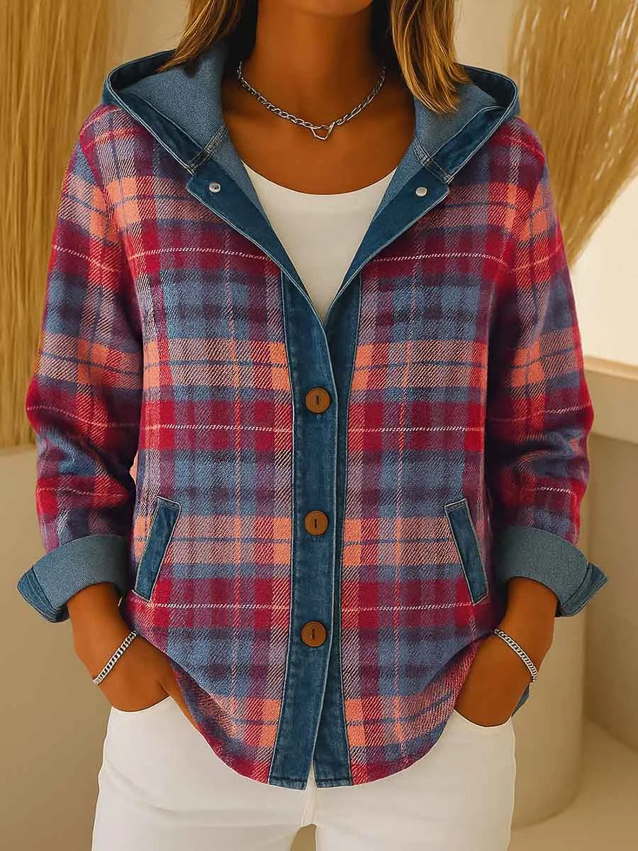 Gilet Karline – Denim & Capuche à Carreaux