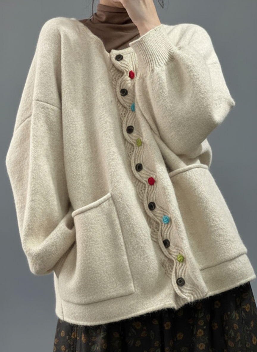 Cardigan Héméra – Boutons Multicolores & Maille Épais