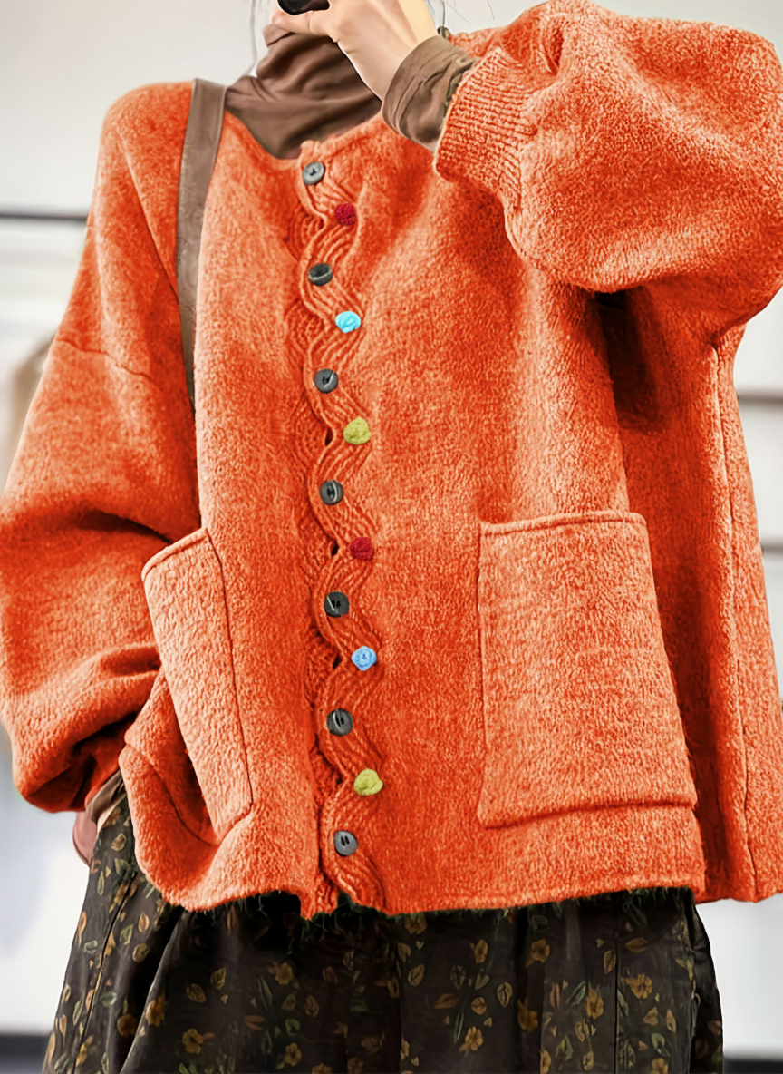 Cardigan Héméra – Boutons Multicolores & Maille Épais