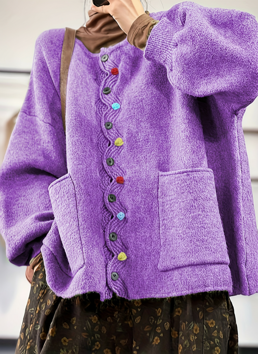 Cardigan Héméra – Boutons Multicolores & Maille Épais