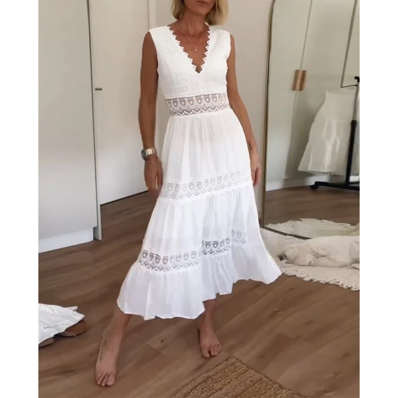 Lina – Robe longue en dentelle, col V, sans manches, élégante et fluide