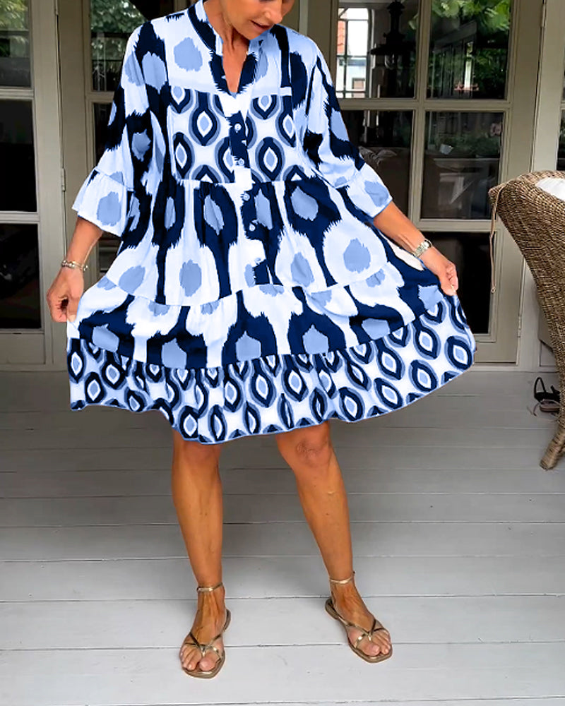 Ysia – Robe fluide imprimée manches 3/4, col V, style bohème chic