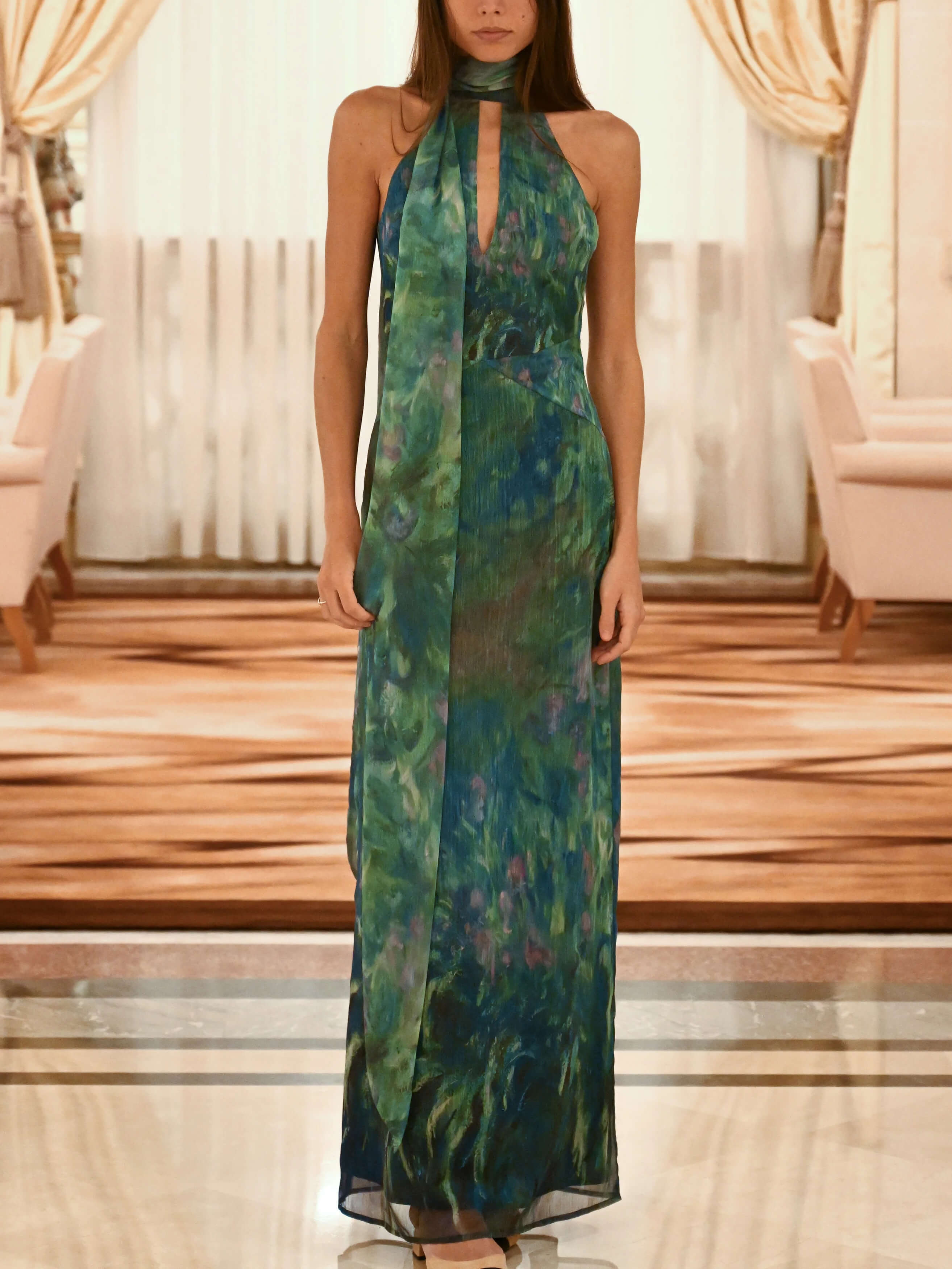 Irisae – robe longue fluide imprimée Monet inspiration florale
