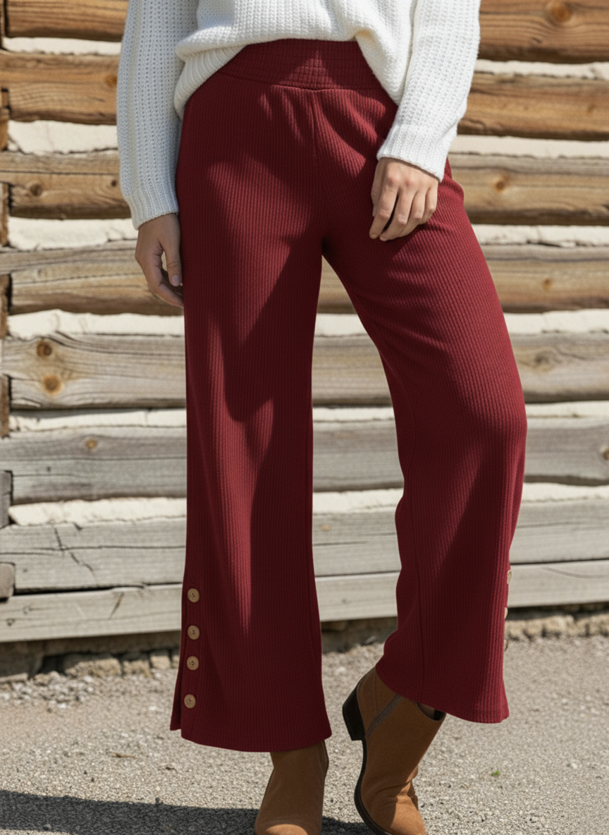 Pantalon Saona – Tissu Stretch à Taille Élastique et Boutons Décoratifs