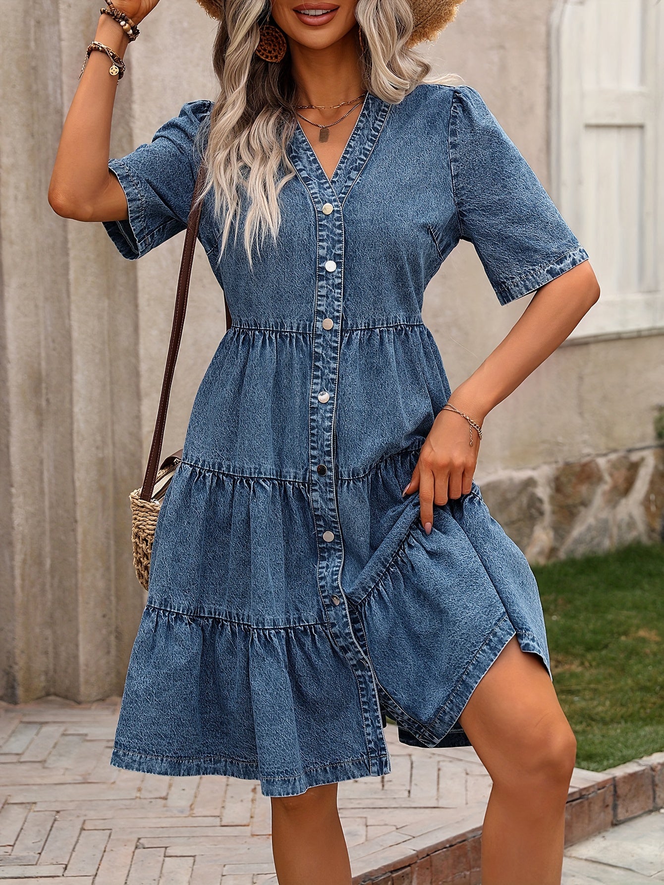 Elyna – Robe en denim courte à volants, manches courtes, col V