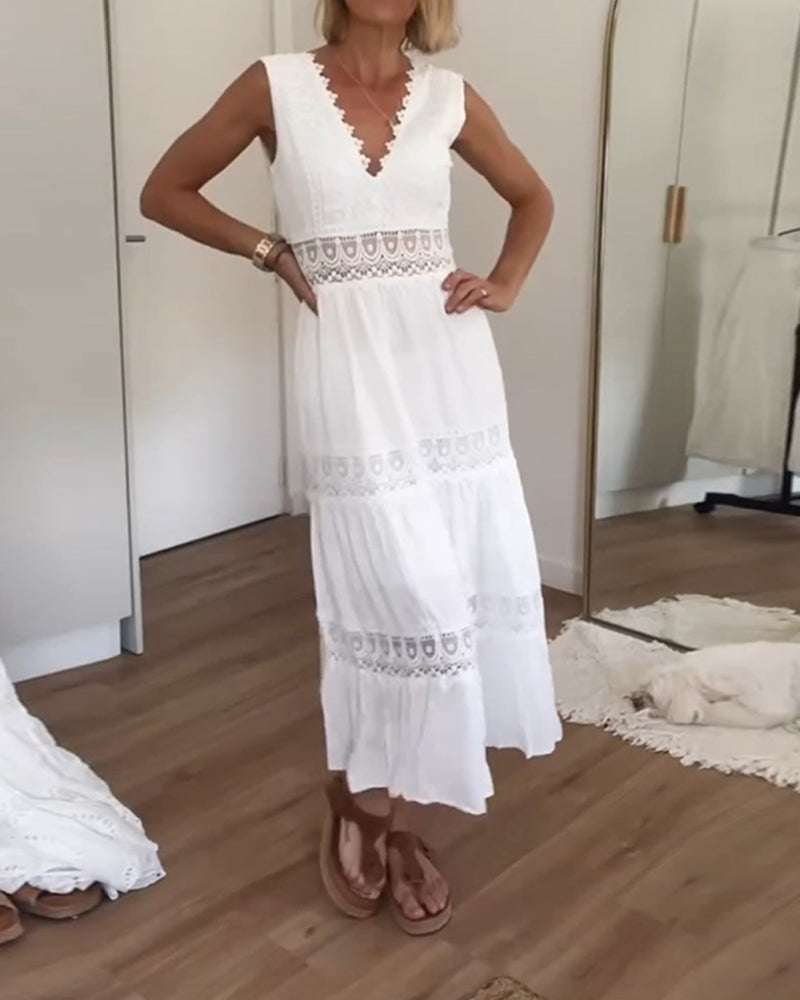 Lina – Robe longue en dentelle, col V, sans manches, élégante et fluide