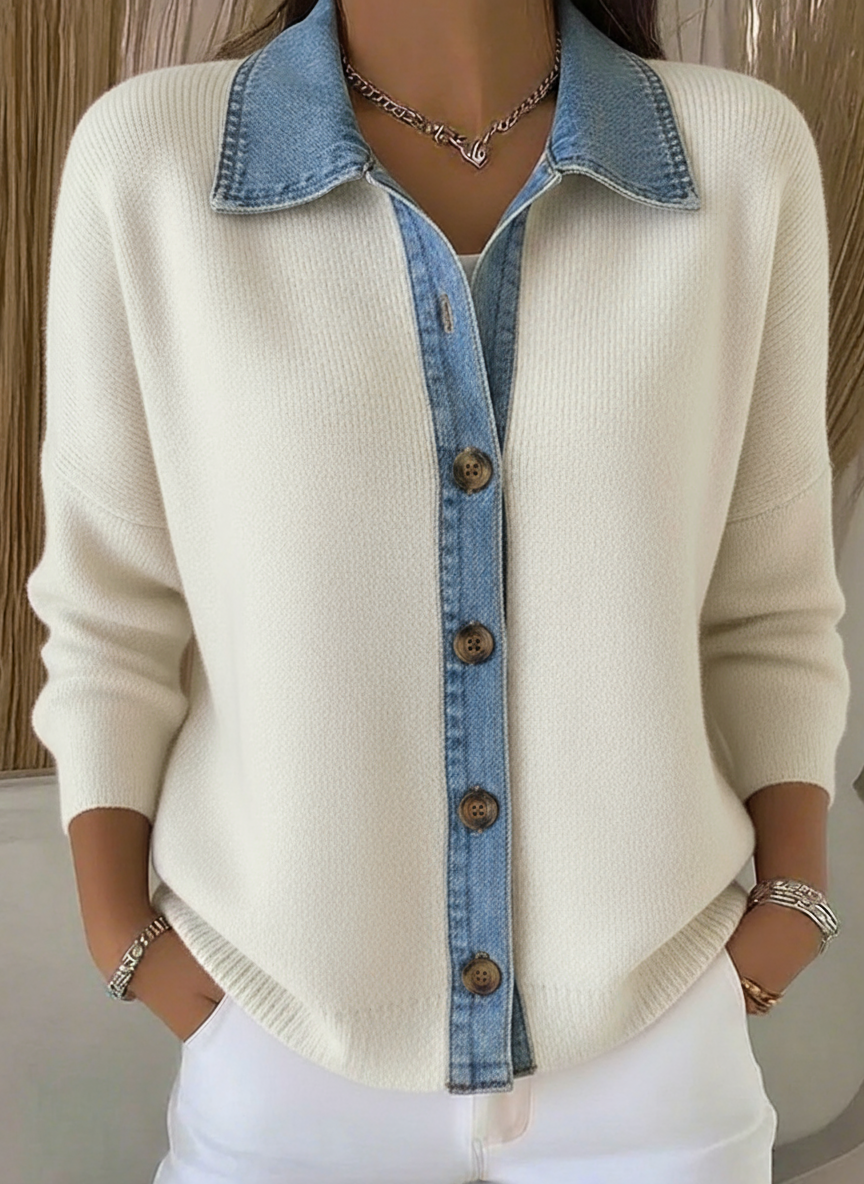Cardigan Loryn – Polo Tricoté Boutonné à Détails Patchwork Denim