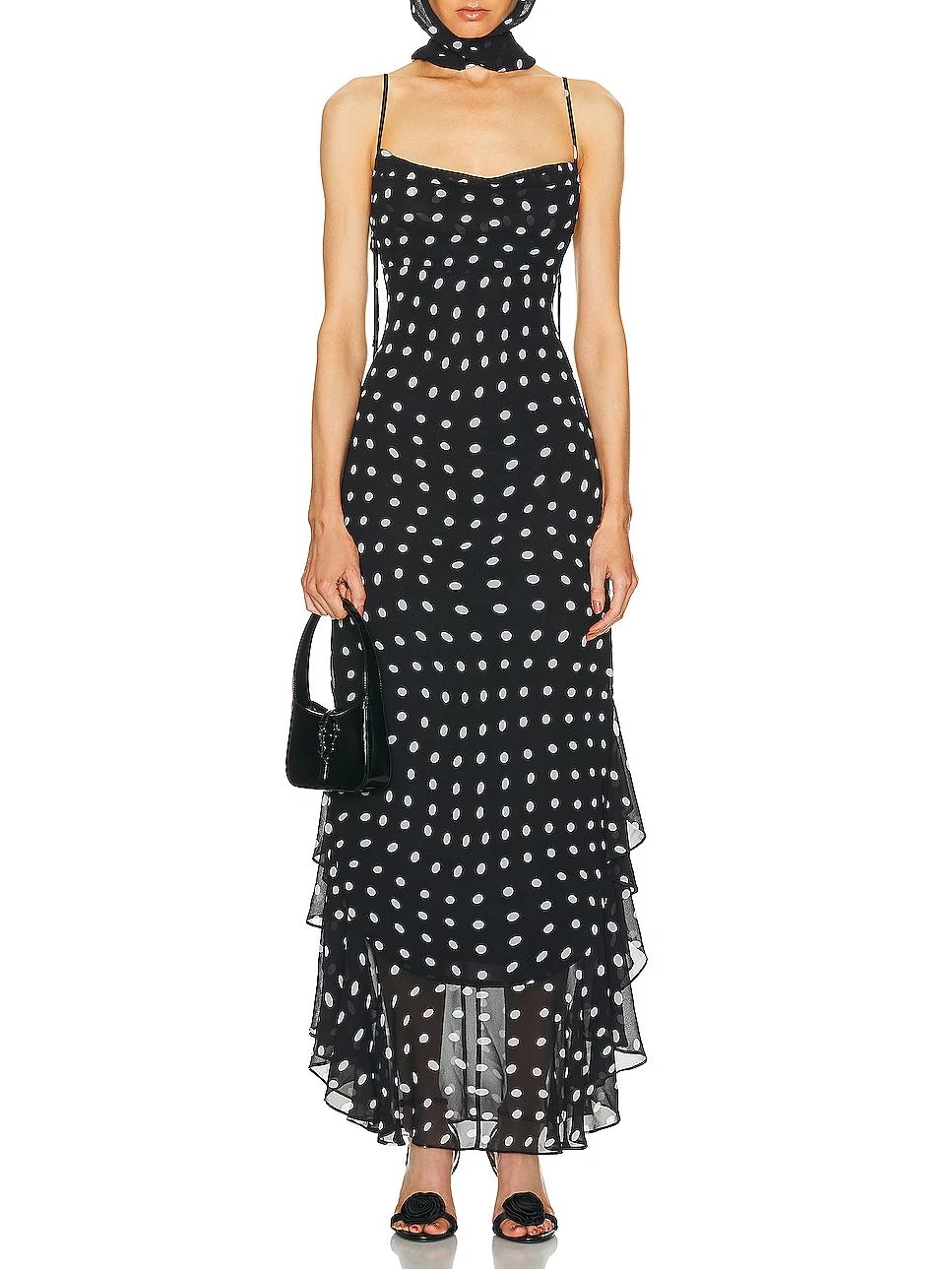 Dolysa – robe longue noire à pois crème et volants romantiques