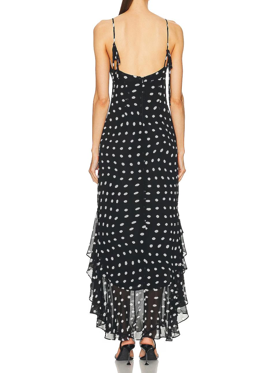 Dolysa – robe longue noire à pois crème et volants romantiques