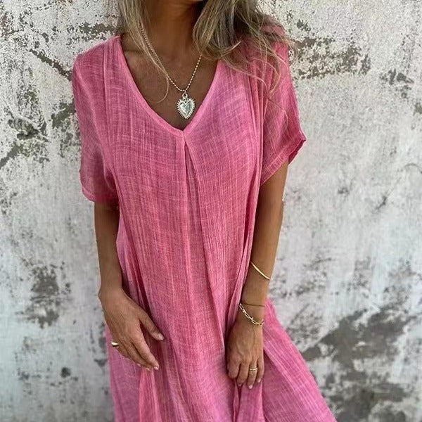 Élyra – robe col V longue en coton et lin, coupe fluide et bohème