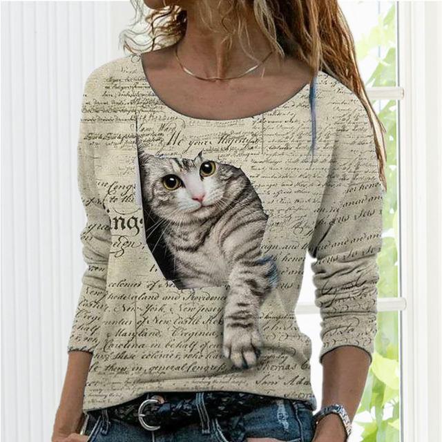 T-Shirt Décontracté À Imprimé Chat