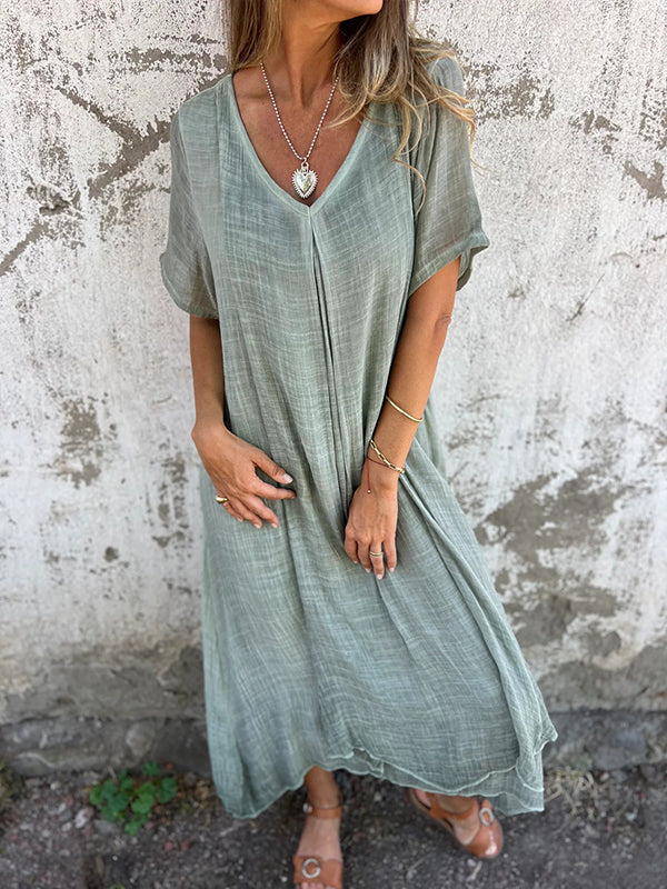 Élyra – robe col V longue en coton et lin, coupe fluide et bohème