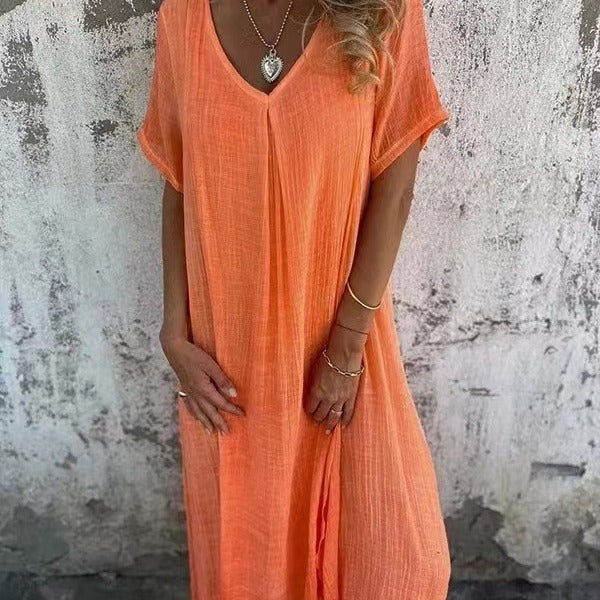 Élyra – robe col V longue en coton et lin, coupe fluide et bohème