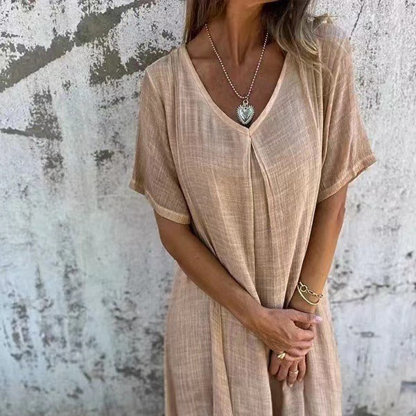 Élyra – robe col V longue en coton et lin, coupe fluide et bohème