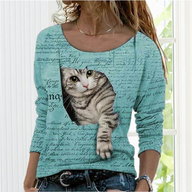 T-Shirt Décontracté À Imprimé Chat