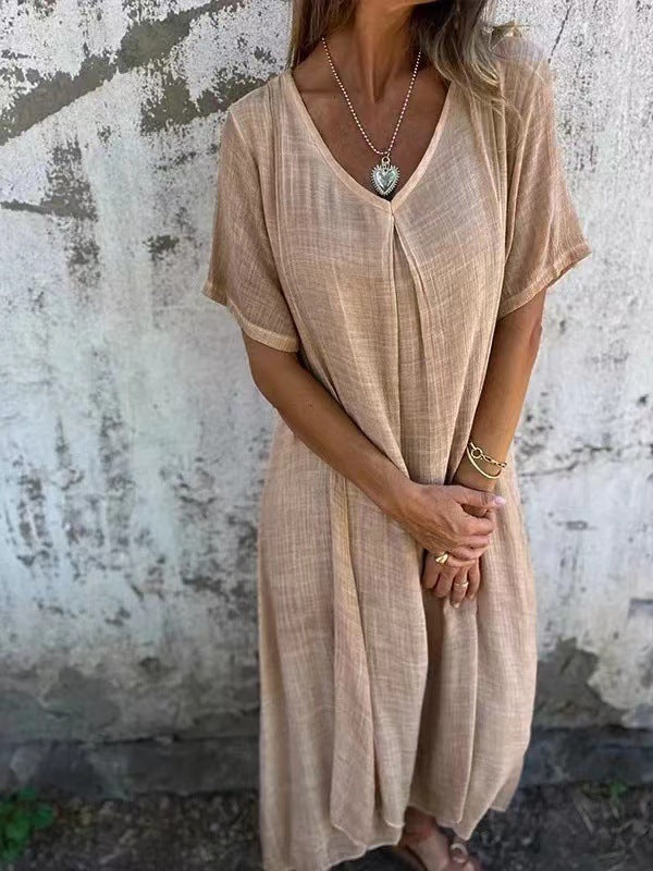 Élyra – robe col V longue en coton et lin, coupe fluide et bohème