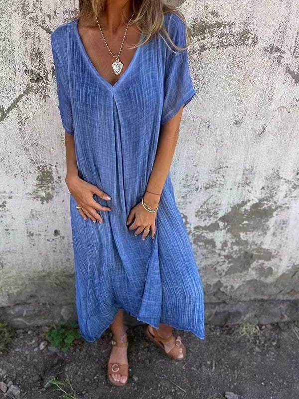 Élyra – robe col V longue en coton et lin, coupe fluide et bohème