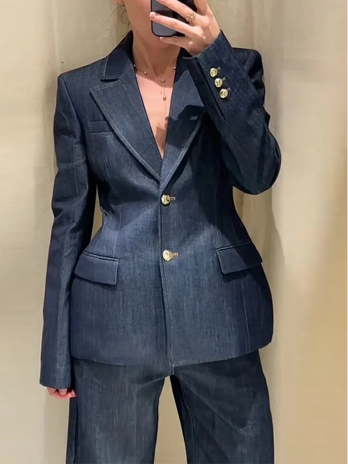 Aaliyah – Ensemble 2 pièces denim élégant veste et pantalon droit
