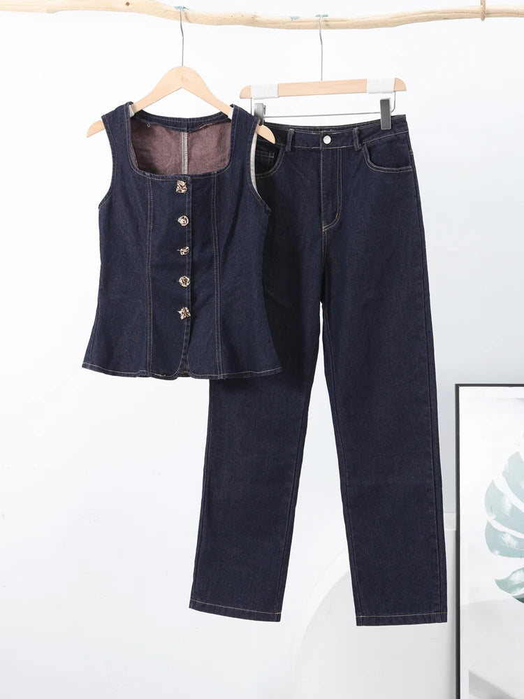 Nahia – Ensemble denim vintage sans manches et pantalon large