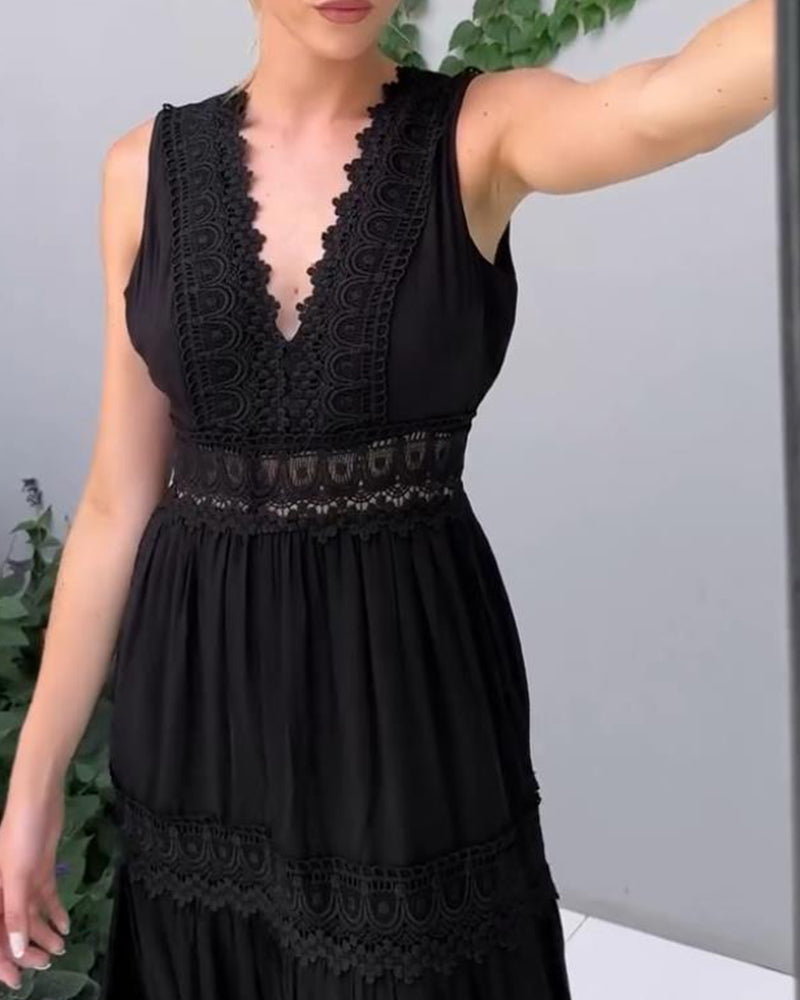 Lina – Robe longue en dentelle, col V, sans manches, élégante et fluide