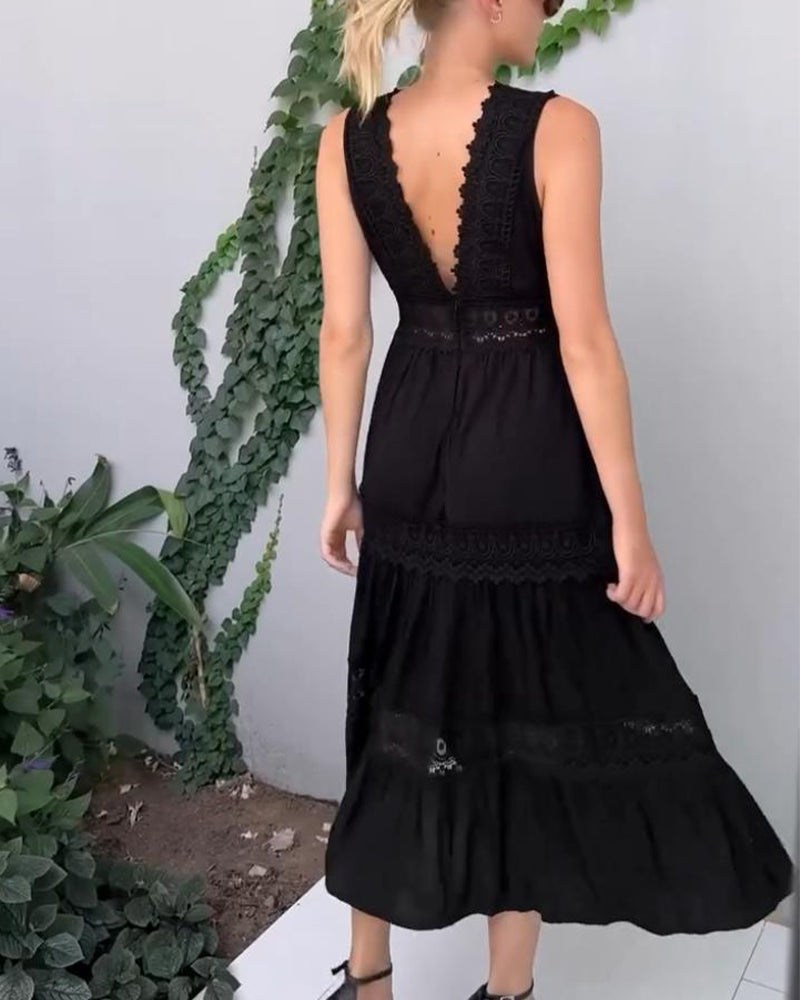 Lina – Robe longue en dentelle, col V, sans manches, élégante et fluide