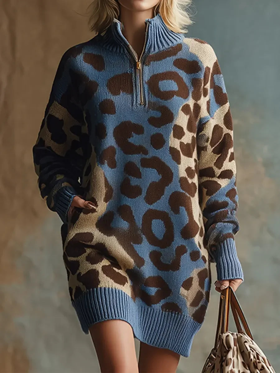 Robe Liora – Tricot Léopard à Col Montant