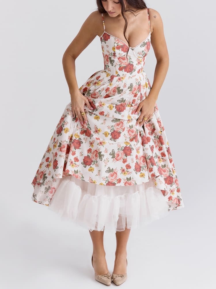 Rosalya – robe midi en tulle imprimé roses, esprit italien romantique