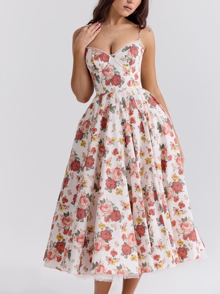 Rosalya – robe midi en tulle imprimé roses, esprit italien romantique